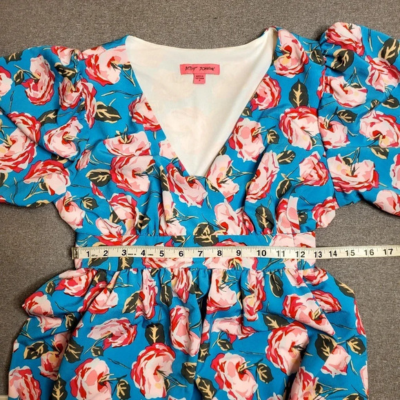 Betsey Johnson Rose print Blue Fit & Flare Dress - Picture 2 of 7